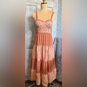 Band Of The Free Floral Tiered Midi Dress In Coral/Pink/Ivory (Size: XS)